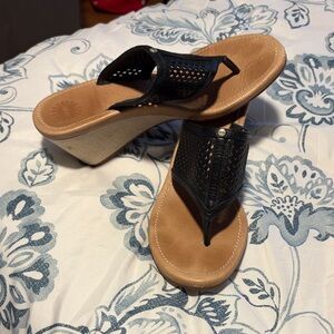 UGG Black and Tan Wedge Thong Sandals